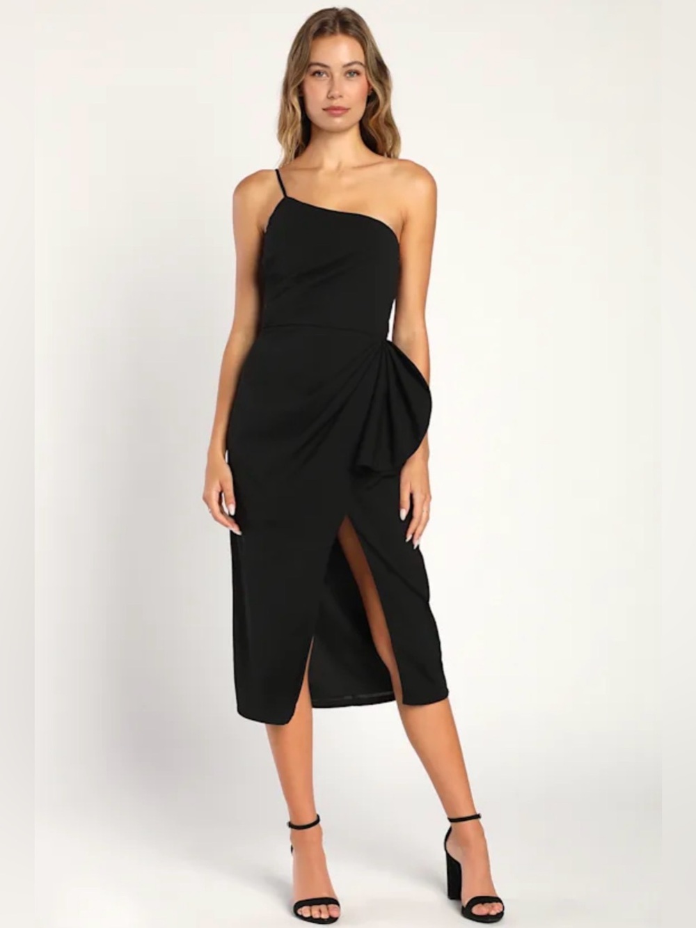 Lulus Ruffled Tulip One-Shoulder Black Midi Dress